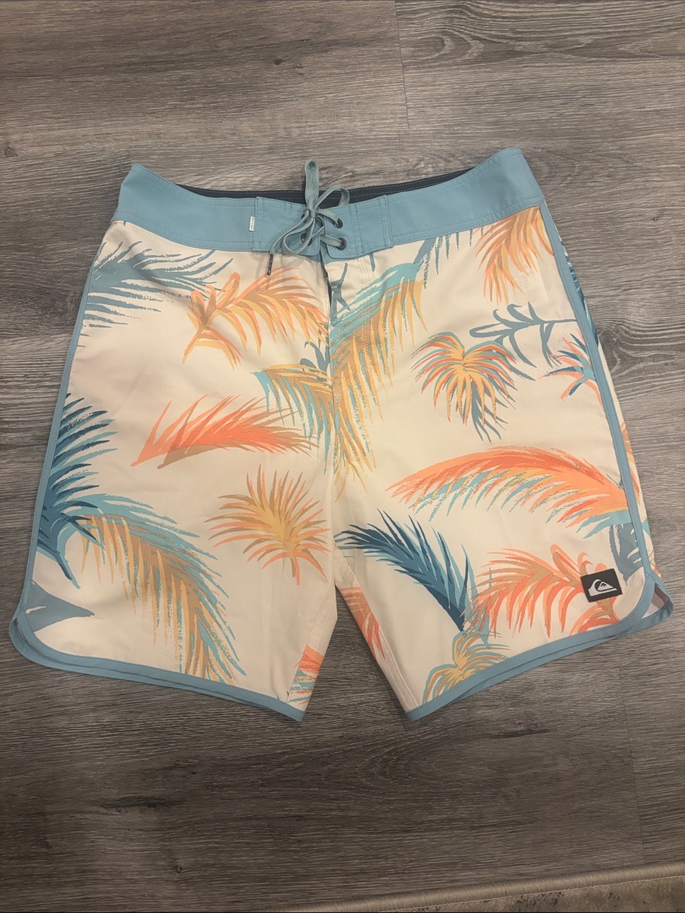 Quiksilver Cream Boardshorts with Aqua, Coral & Gold Palm Print